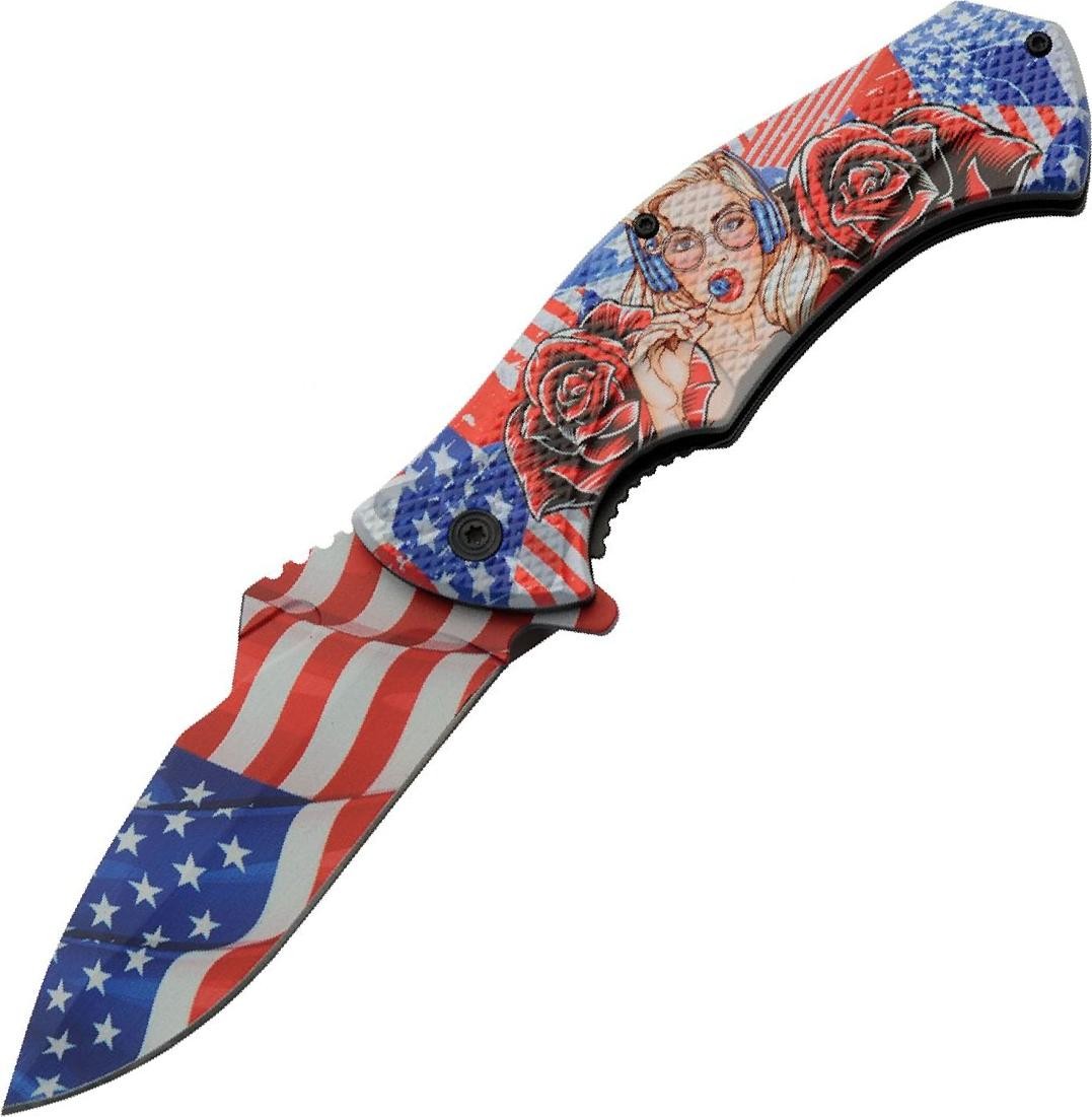 Spring-Assist Pocket Folding Knife | 4in USA Flag Blade American Girl Rose