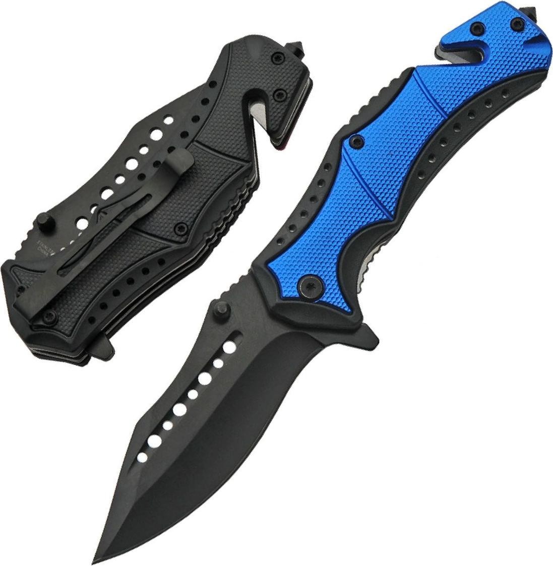 Spring-Assist Folding Pocket Rescue Knife 3.5in Black Blade Blue Metal Handle