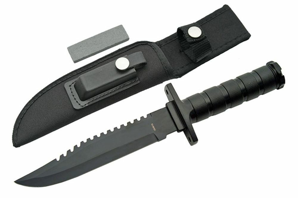 NEW! 12″ Black Survival Knife w/ Sharpening Stone, Sheath, Survival Kit