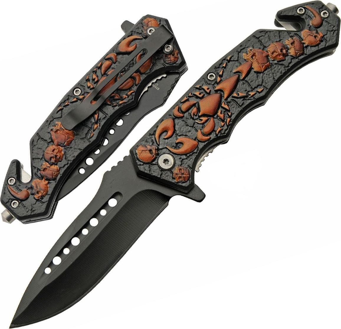 Spring-Assist Folding Pocket Rescue Knife 3.5in Black Blade Orange Scorpion