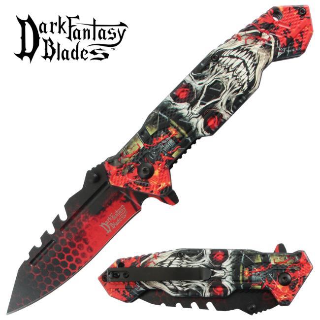 8.5″ DARK FANTASY BLADES SKULL PRINTED SPRING ASSISTED FOLDING KNIFE RED