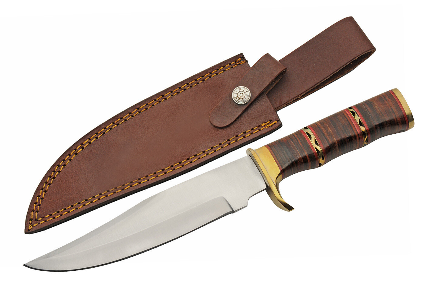 New Bowie Knife Rite Edge Fixed Blade Stacked Leather and Brass Handle w/ Sheath