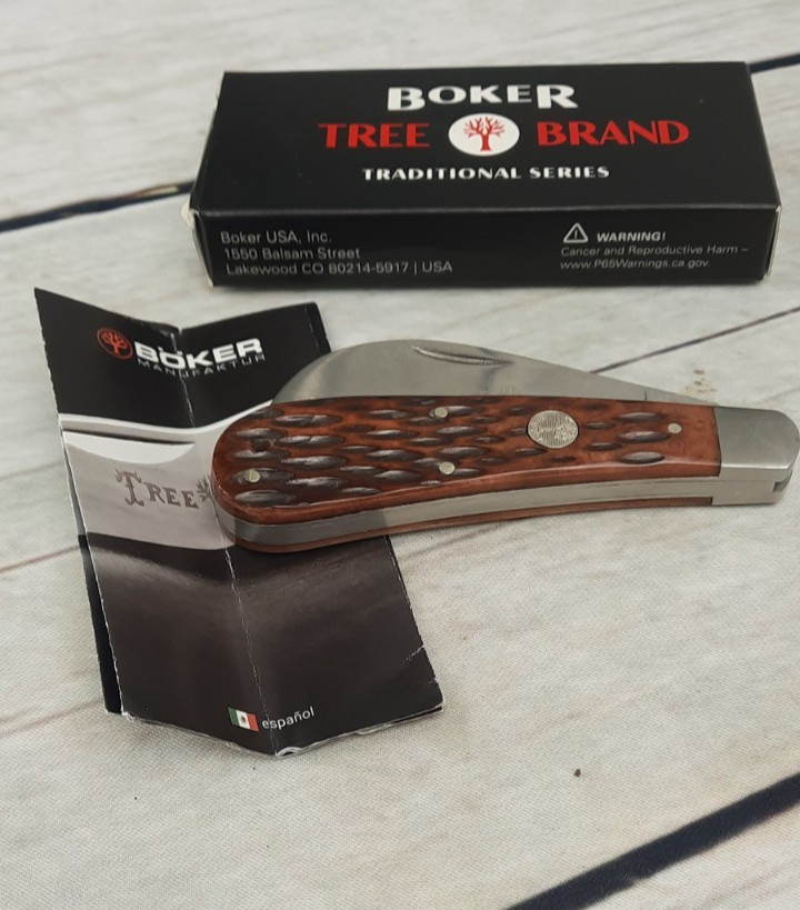BOKER 110843 4″ HAWKBILL POCKET KNIFE D2 TOOL ST BLADE GENUINE BROWN BONE HANDLE