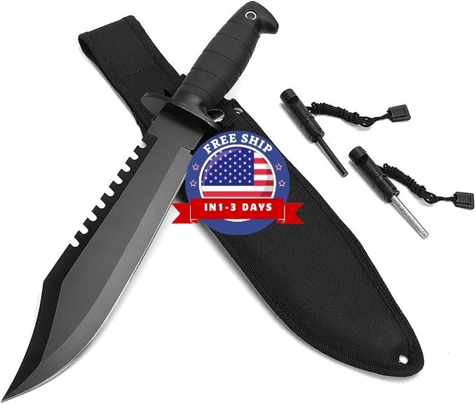 Cuchillo de caza de supervivencia con funda, espiga completa de 15 pulgadas NEW