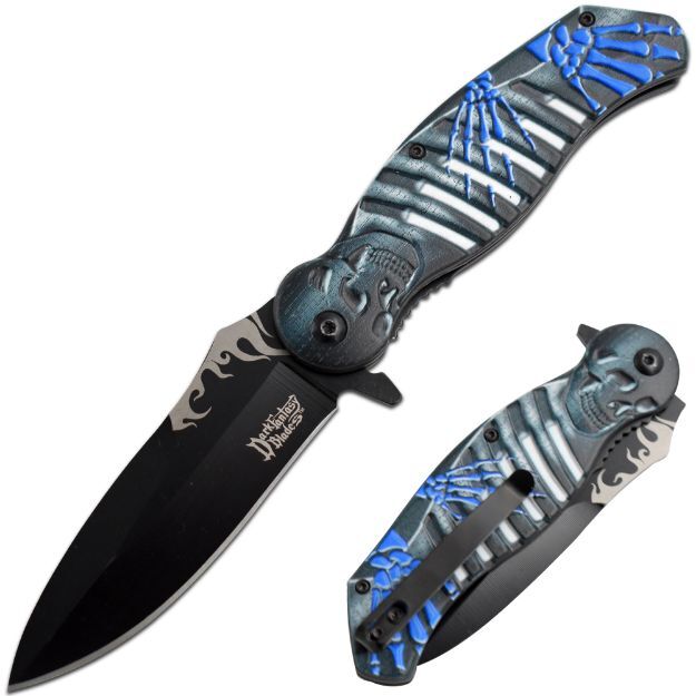 8.5″ DARK FANTASY BLADES SKELETON GRAPHIC SPRING ASSISTED FOLDING KNIFE BLUE