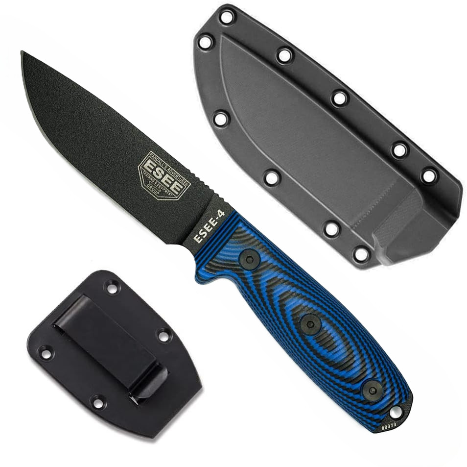 ESEE-4 Black Blade Fixed Knife w/ Blue/Black G-10 | SKU 4PB-008