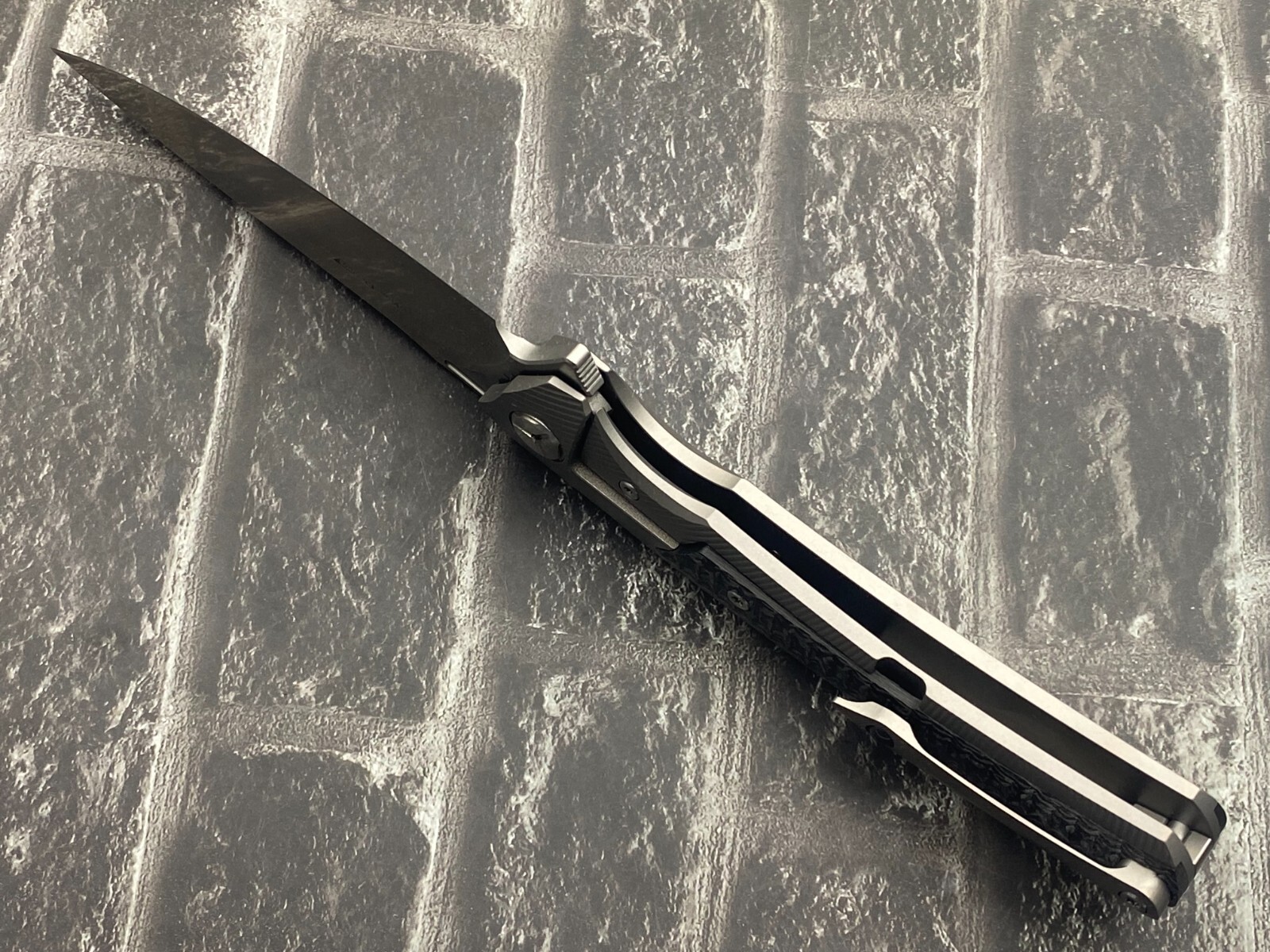 Twosun TS81-M390-StoneWash Folding Knife Titanium Inlay CF Handle Pocket Knife