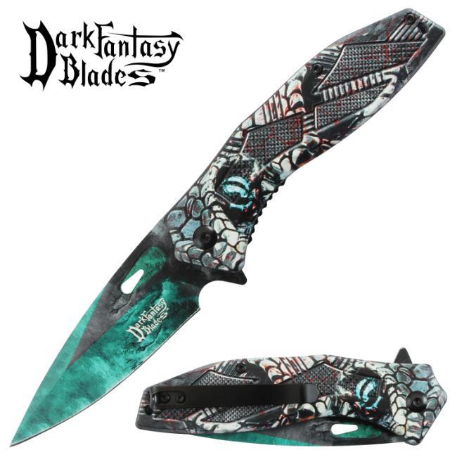 8″ DARK FANTASY BLADES PRINTED HANDLE SPRING ASSISTED FOLDING KNIFE CYAN GREEN