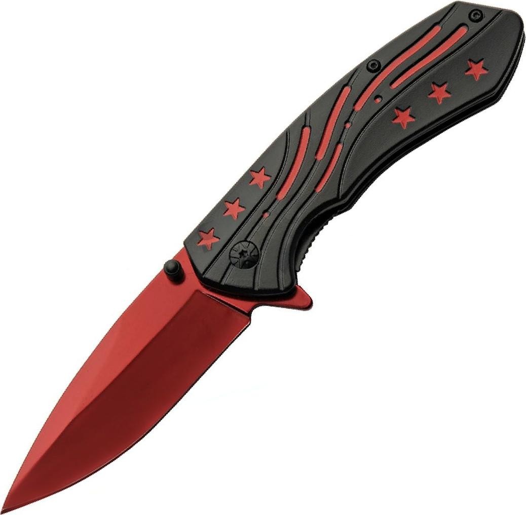 Spring-Assist Pocket Knife | 3.75in Stainless Steel Red Blade Stars Handle Black