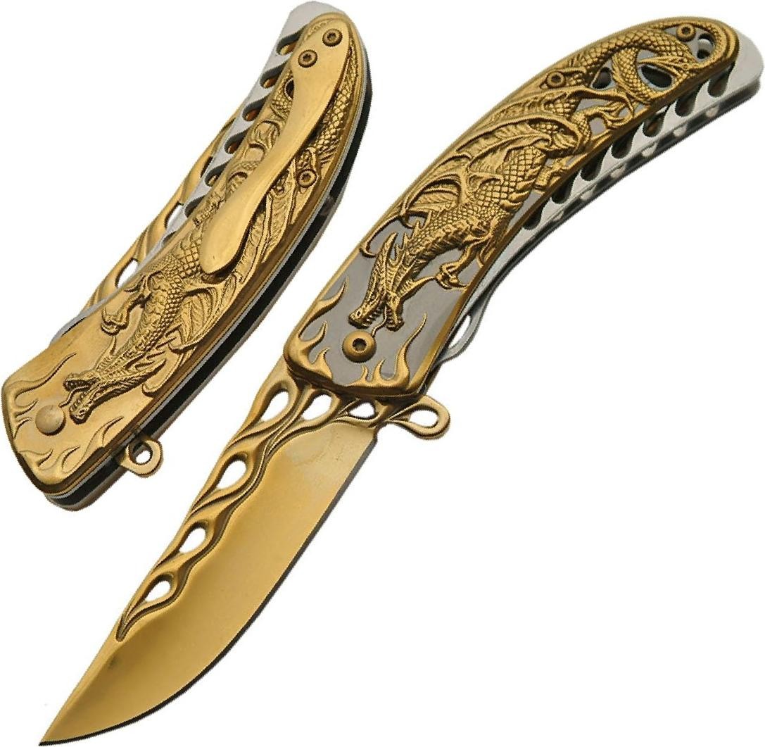 Spring-Assist Folding Pocket Knife 3.5in Gold Blade Dragon Handle Pocket Clip