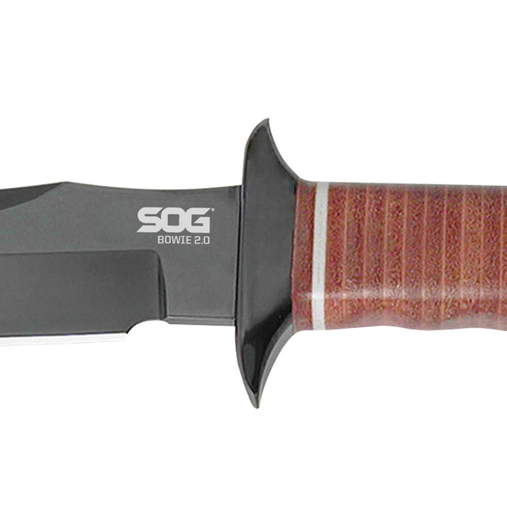 SOG Bowie 2.0 Knife 6.4″ Black TiNi Blade Leather Handles with Leather Sheath