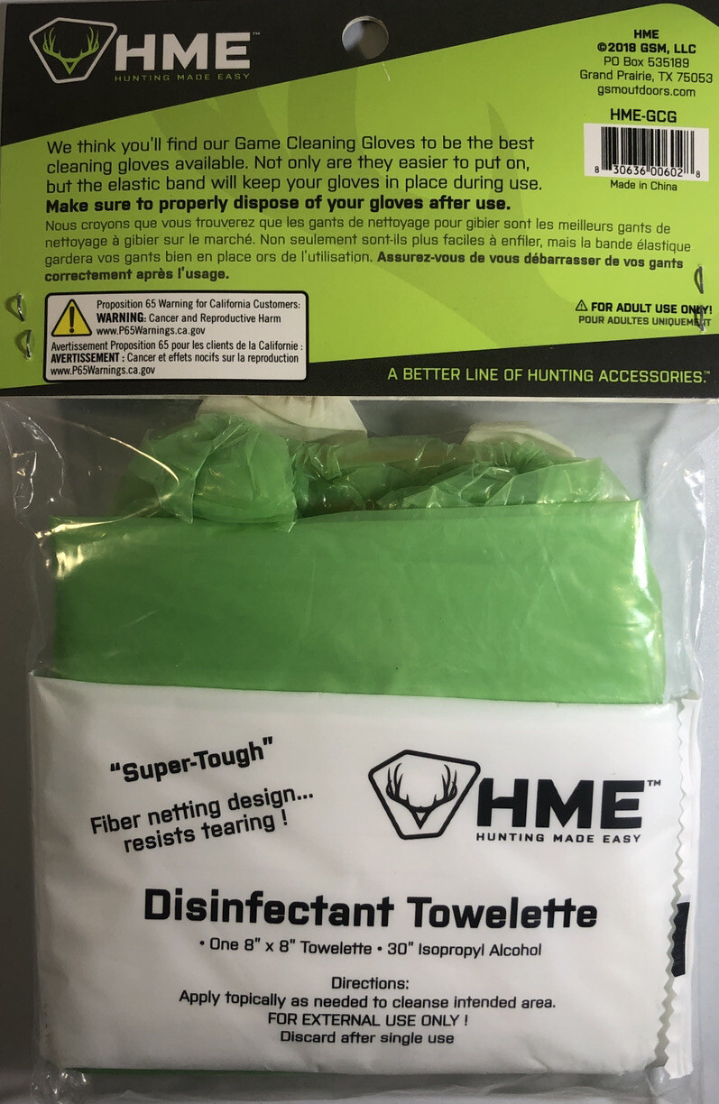 8 Pks Of HME #HME-GCG Game Cleaning Gloves w/Wrist & Shoulder Length & Wet Wipe