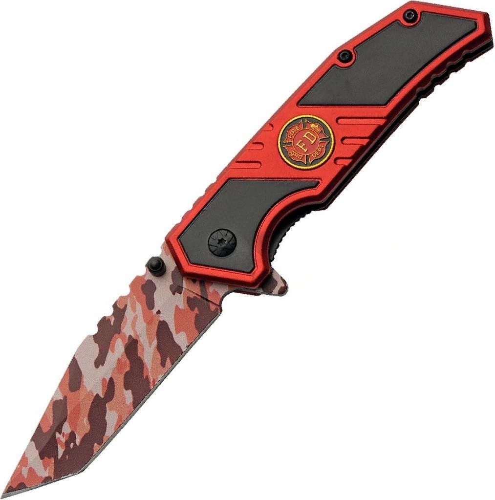 Spring-Assist Pocket Knife | 3.5in Black/Red Camo Tanto Blade Firefighter Badge