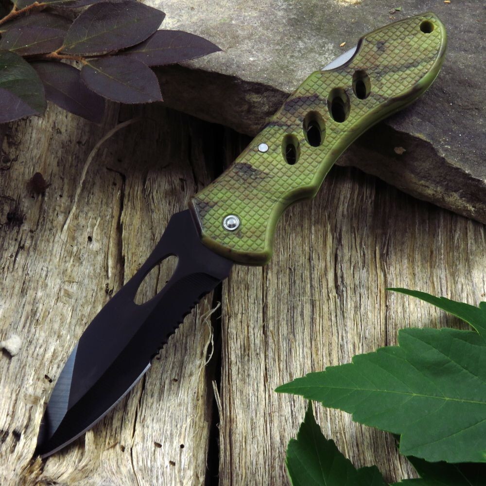 FOLDING POCKET KNIFE Forest Green Black Blade Tactical Lockback Serrated 210871