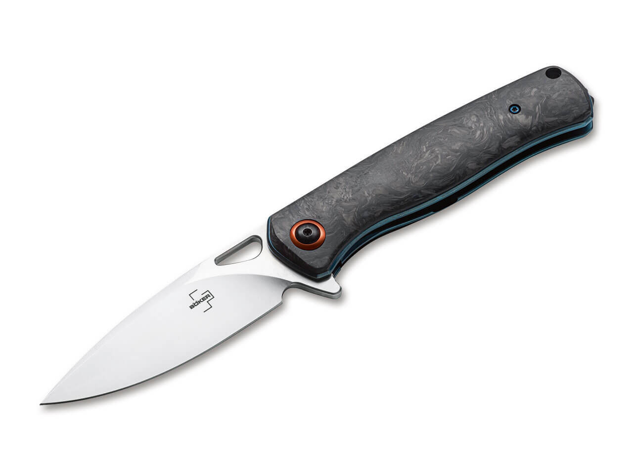 Boker Plus Nebula Flipper Knife 3.62″ D2 Blade, Carbon Fiber Handles Blue Liners