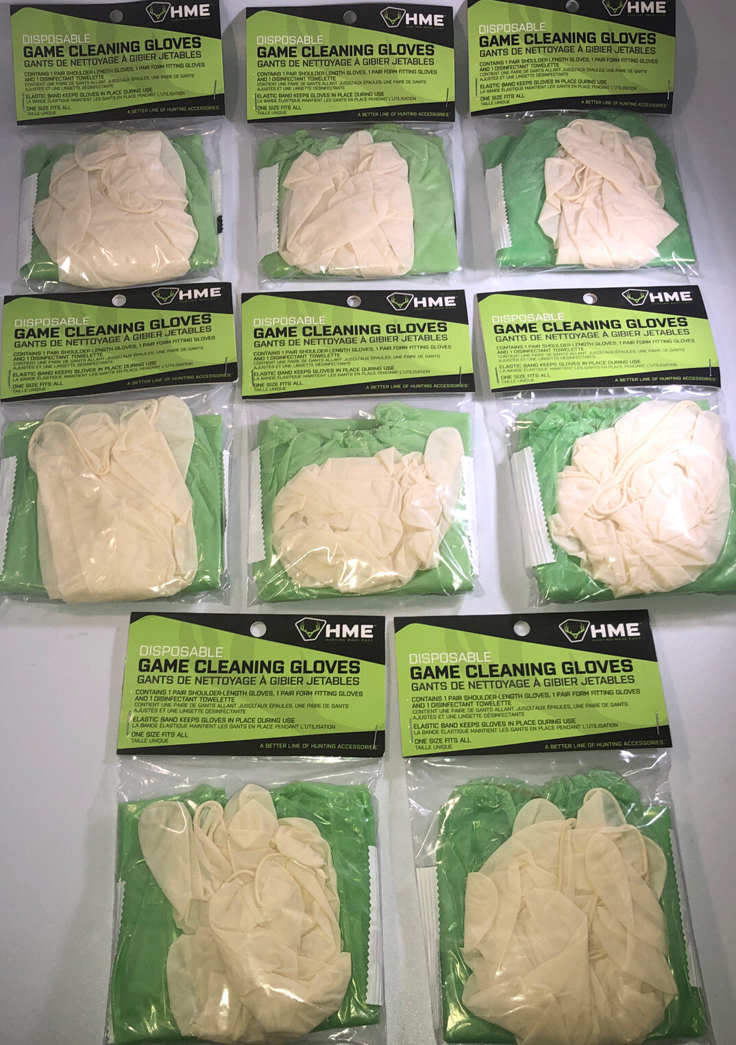 8 Pks Of HME #HME-GCG Game Cleaning Gloves w/Wrist & Shoulder Length & Wet Wipe