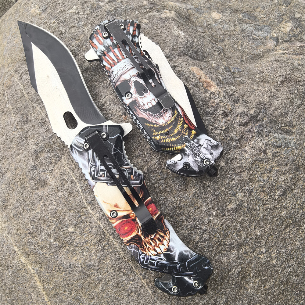 2 Counts Skull Spring Asistant Folding Pocket Knife Blade for Outdoor Camping