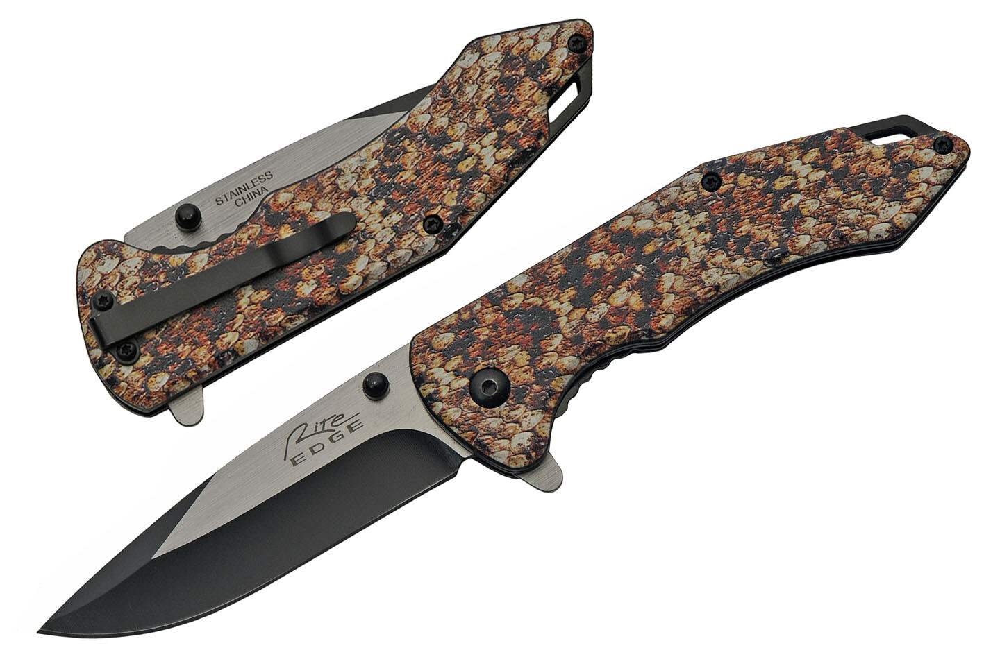 Spring-Assist Folding Knife | Rite Edge Snakeskin Print 3.5″ Blade Tactical EDC