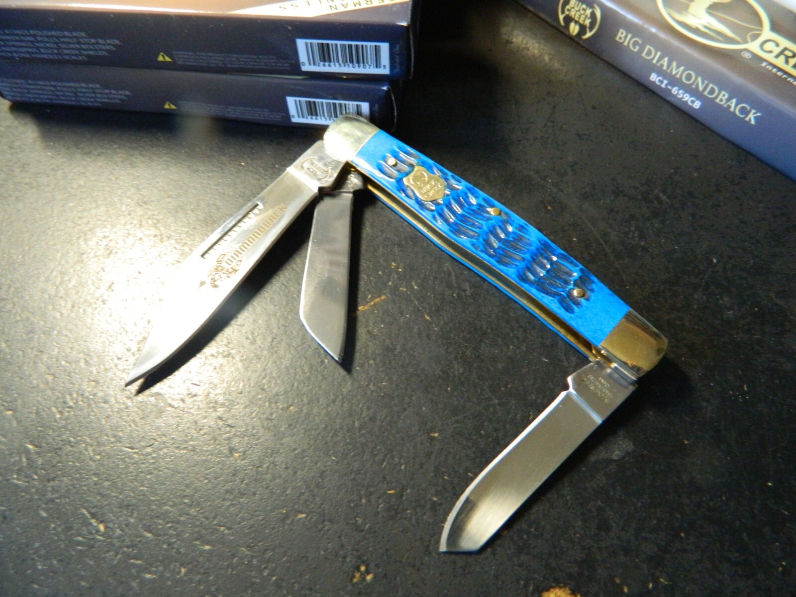 BUCK CREEK 4.5″ LARGE STOCKMAN BLUE PICK BONE HANDLE 4116GS 3- GERMAN BLADES