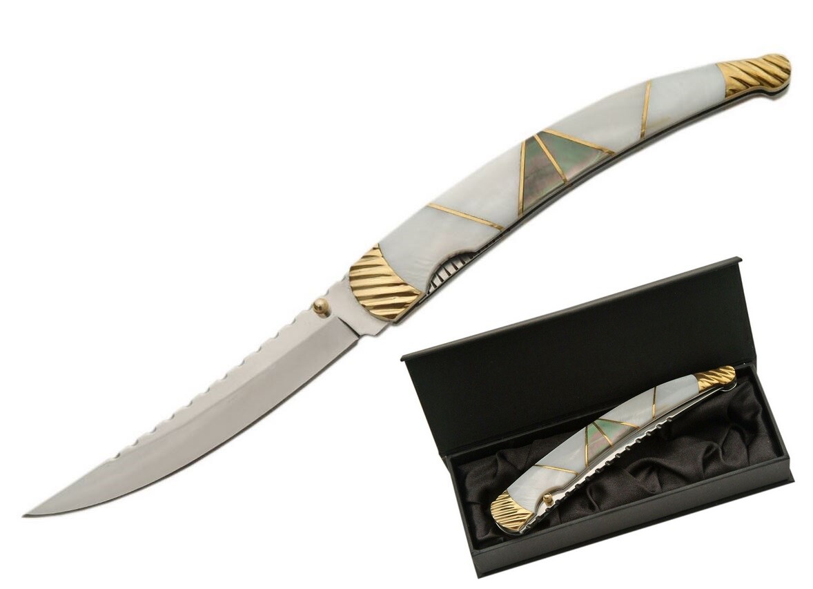 FOLDING POCKET KNIFE 4.75″ Stainless Blade Mother of Pearl Handle in Gift Box