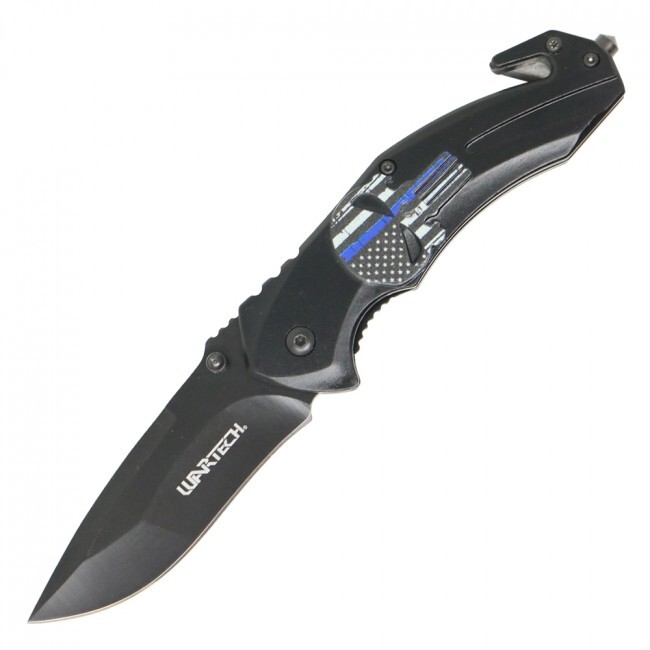 Spring-Assist Folding Knife USA Skull Tactical Rescue EDC 3.4″ Blade Black Blue