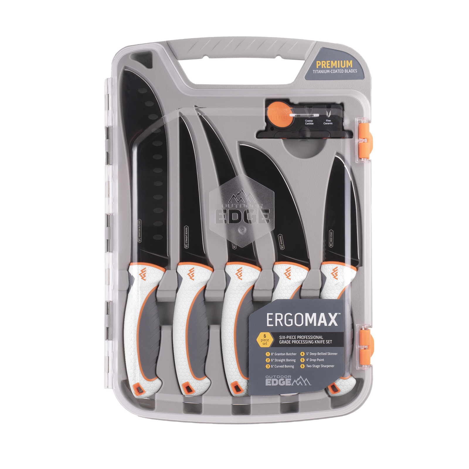 Outdoor Edge ErgoMax Fixed Blade Knife Set Plain Edge 5 Knives & Sharpener EM-1