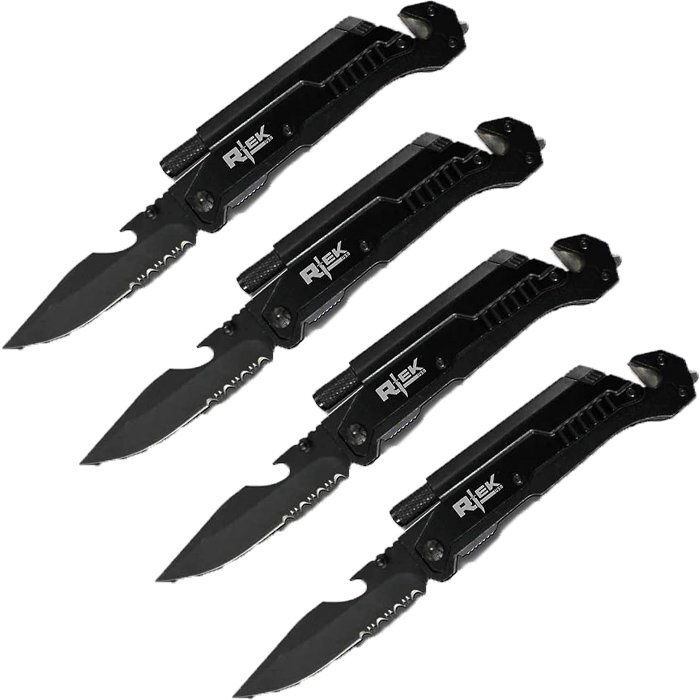 Lot of 4 Rtek 9″ Inch Spring Assisted Survival 7 in 1 Rescue Pocket Knife Black