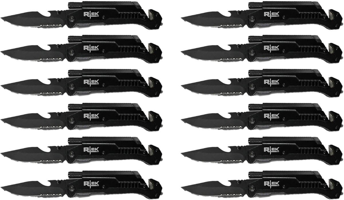 Lot of 12 Rtek 9″ Inch Spring Assisted Survival 7 in 1 Rescue Pocket Knife Black
