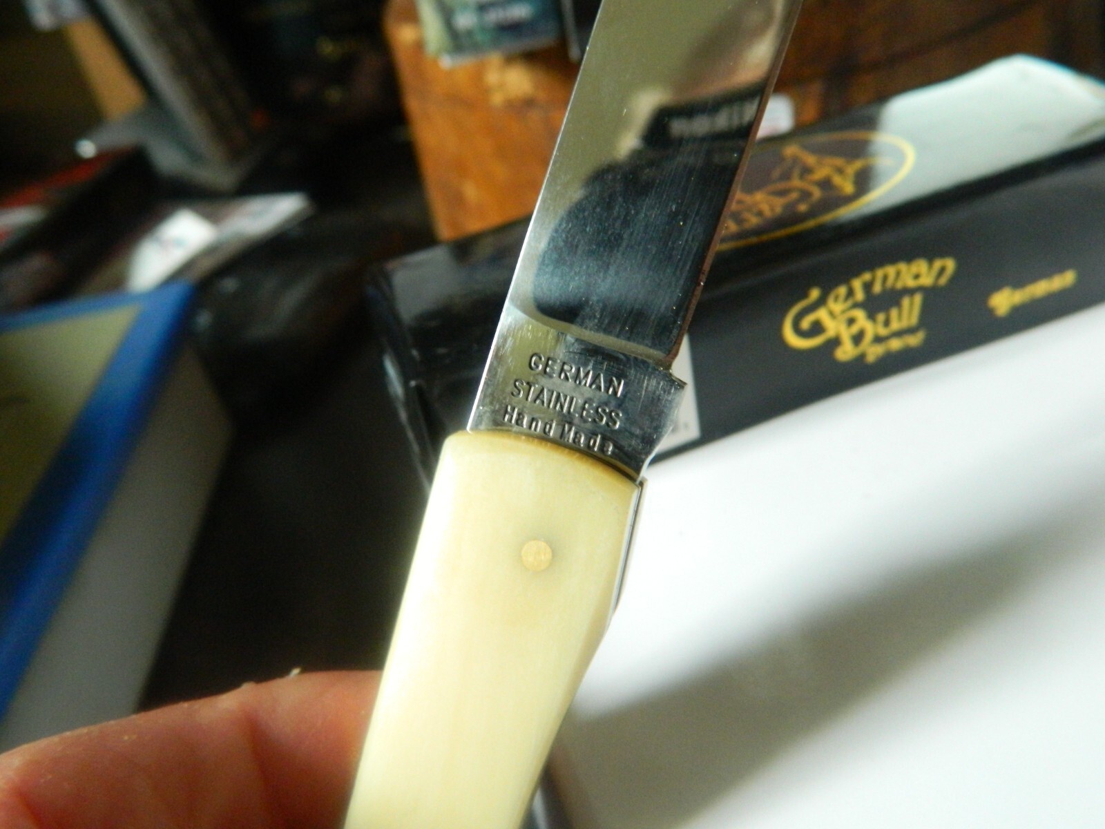 GERMAN BULL POCKET KNIFE MADE IN GERMANY SOD BUSTER 3.63 440HC WHITE SMOOTH BONE