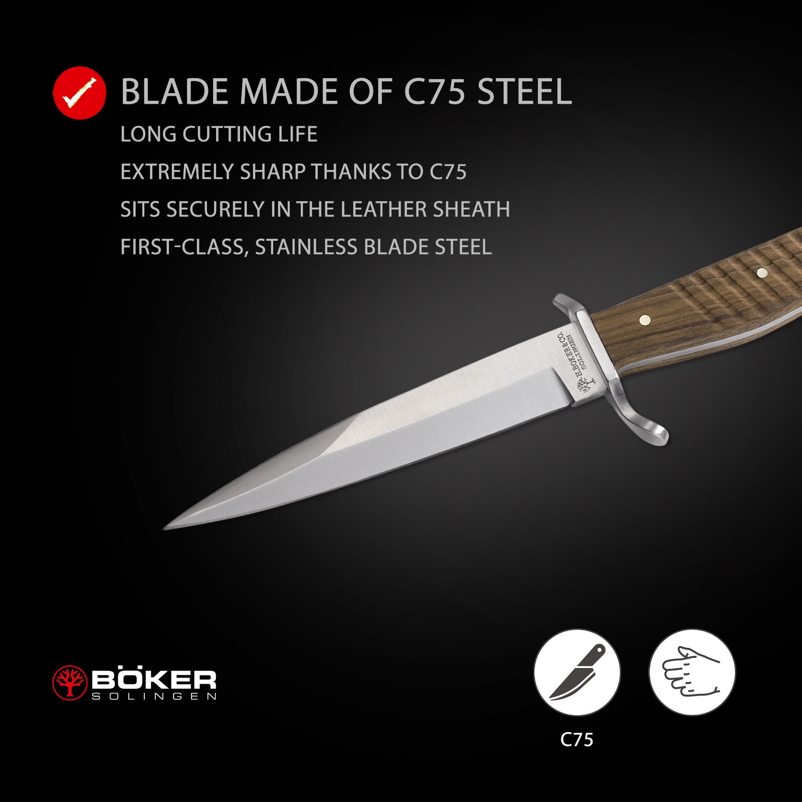 Boker Trench Knife Fixed 5.67″ C75 Blade Walnut Handle Tactical ✔️ 121918