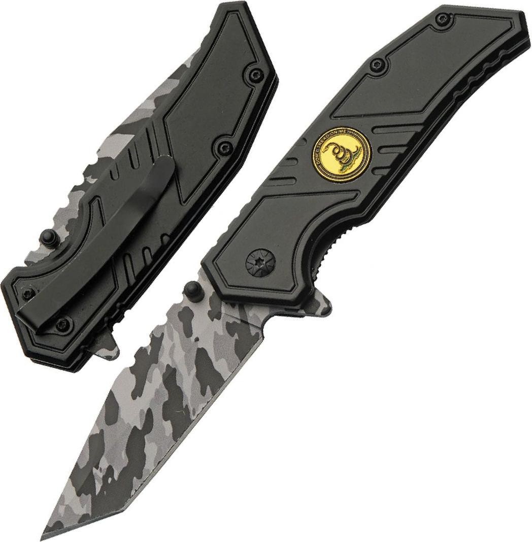 Spring-Assist Pocket Knife | 3.5in Black Camo Tanto Blade Don’t Trade on Me