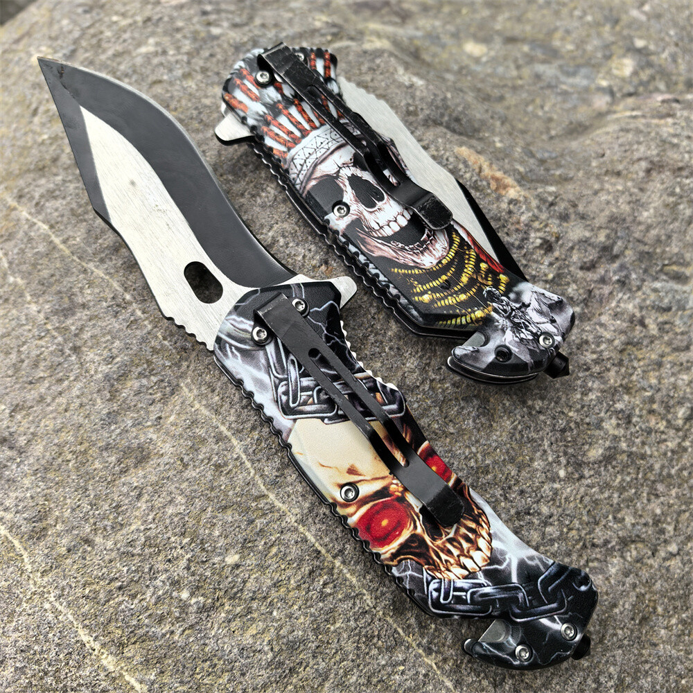 2 Counts Skull Spring Asistant Folding Pocket Knife Blade for Outdoor Camping