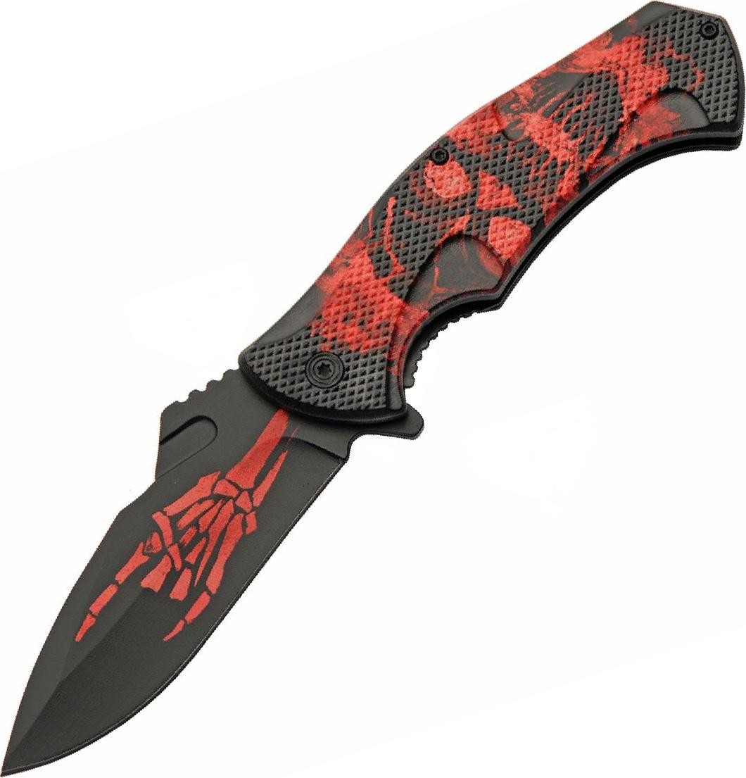 Spring-Assist Folding Pocket Knife Black/Red 4in Blade Hard Rock Skull Skeleton
