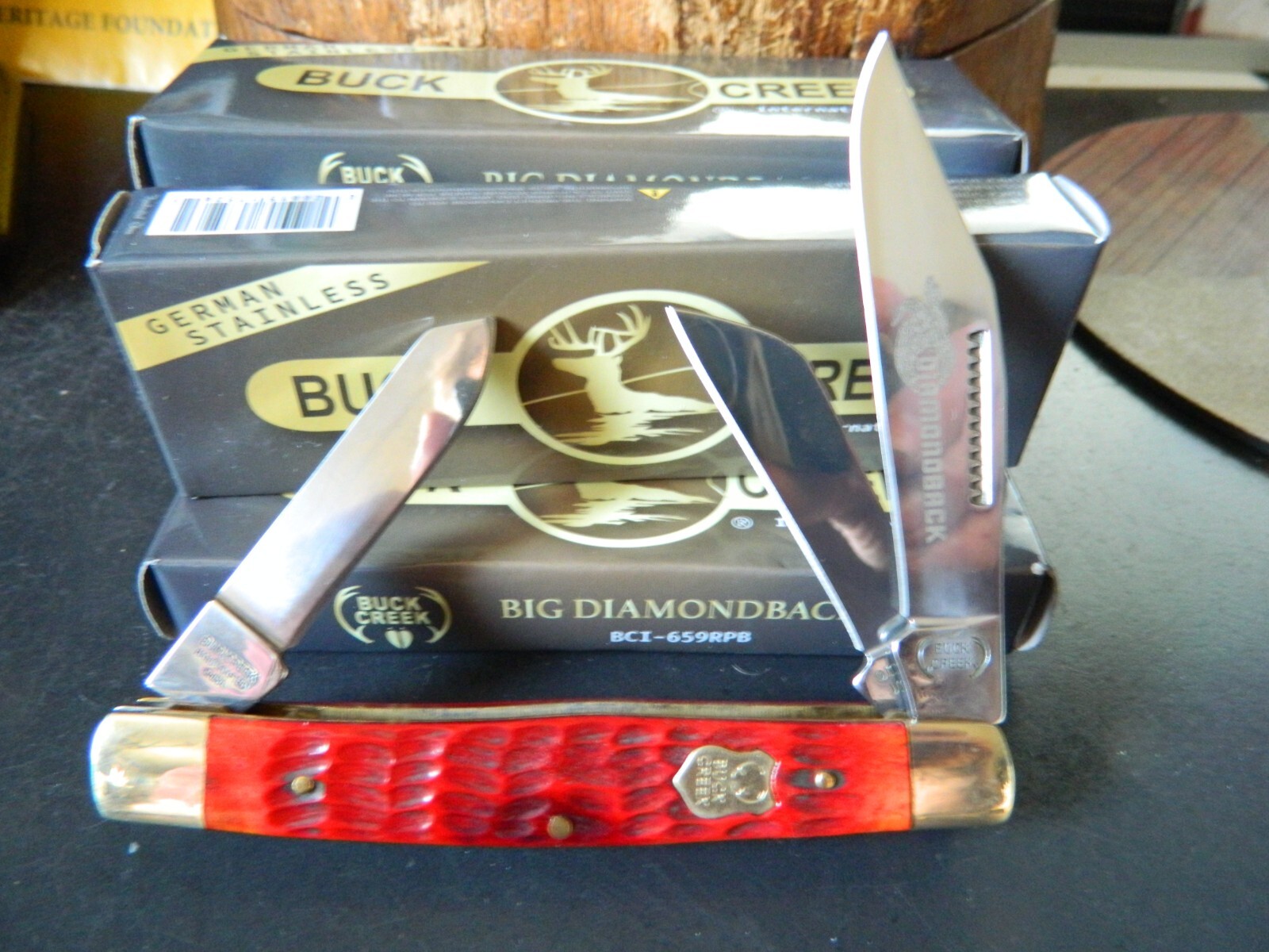 BUCK CREEK 4.5″ LARGE STOCKMAN RED PICK BONE HANDLE 4116GS 3- GERMAN BLADES