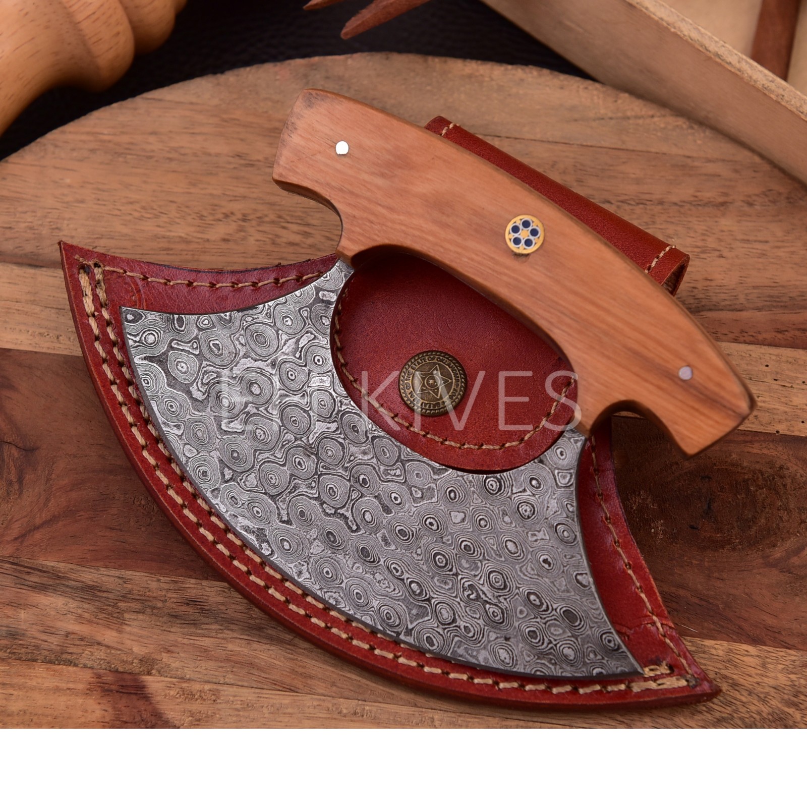 Handmade Damascus Steel Ulu Vintage Alaskan Kitchen Chef Knife with Sheath