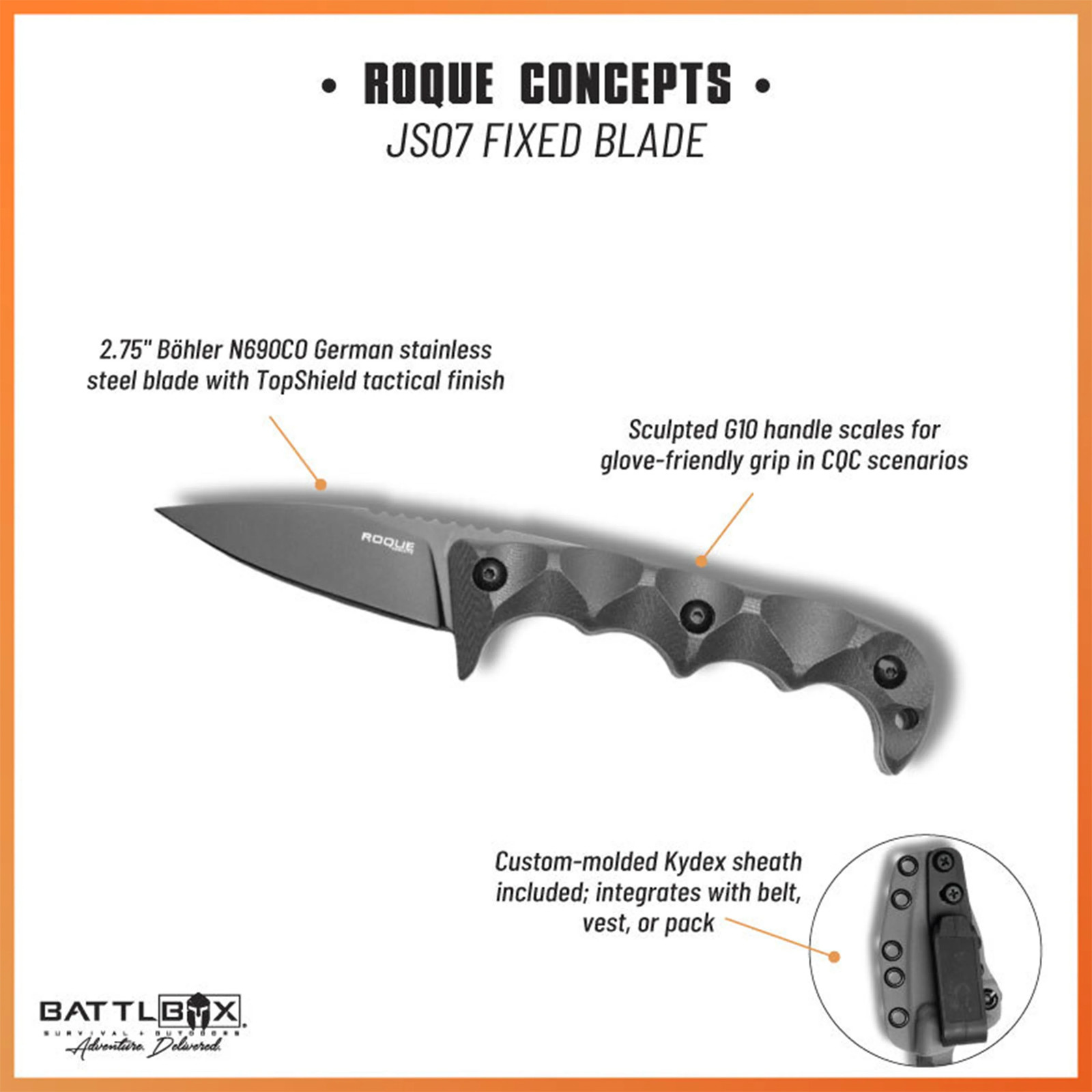 Roque Concepts JS07 Fixed Blade 2.75″ N690CO Steel Knife G10 Handle Kydex Sheath