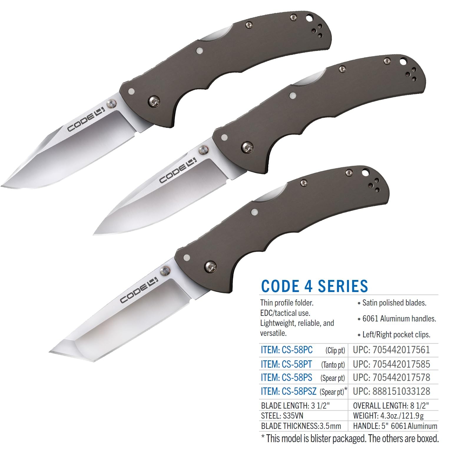 Code 4 3.5″ S35VN Razor-Sharp Spear Point Blade 5″ 6061 3.5″, Grey