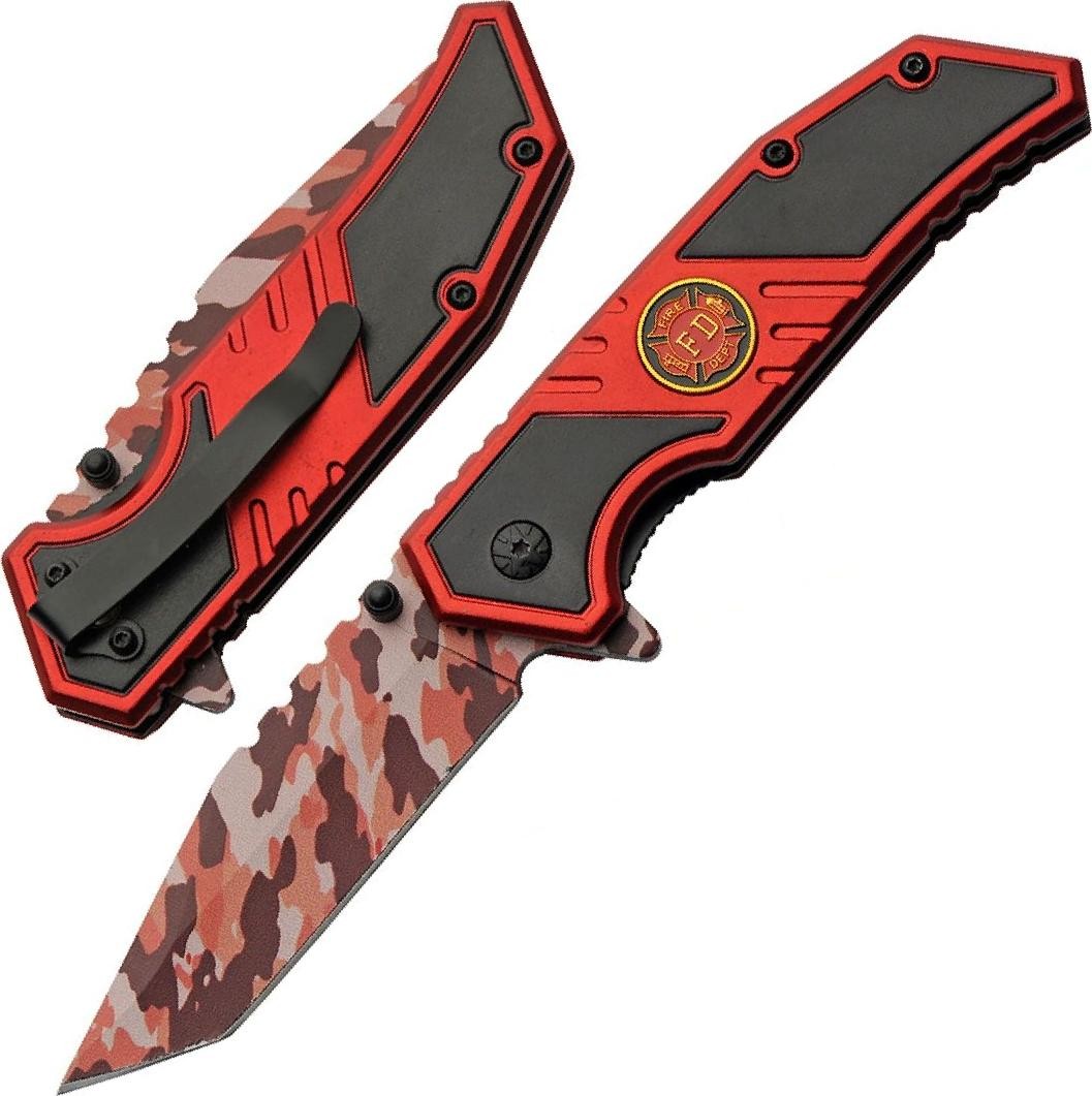 Spring-Assist Pocket Knife | 3.5in Black/Red Camo Tanto Blade Firefighter Badge