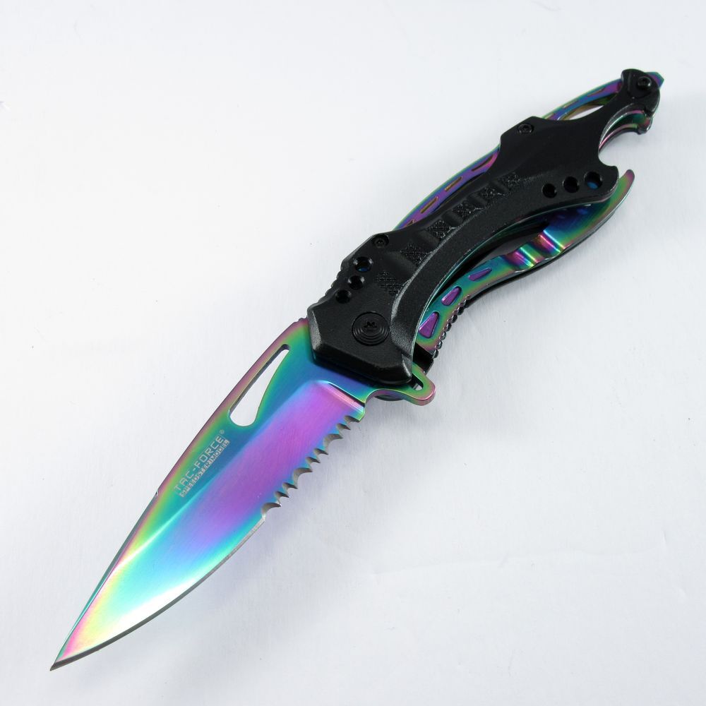NEW Spring-Assist Folding Knife Tac-Force Serrated Blade Rainbow Black Survival