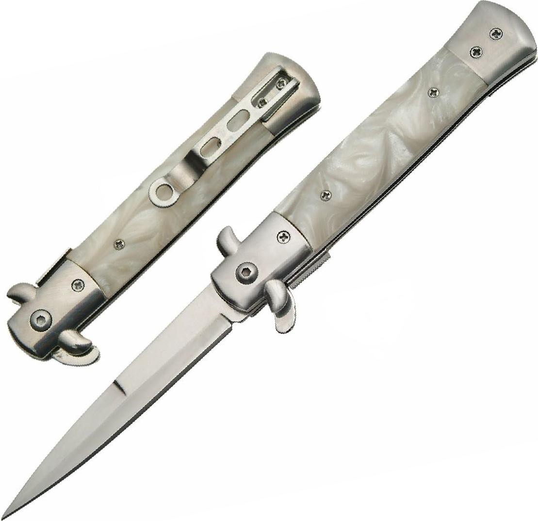 Spring-Assist Folding Pocket Knife White Pearl Stilleto Stainless Steel Blade