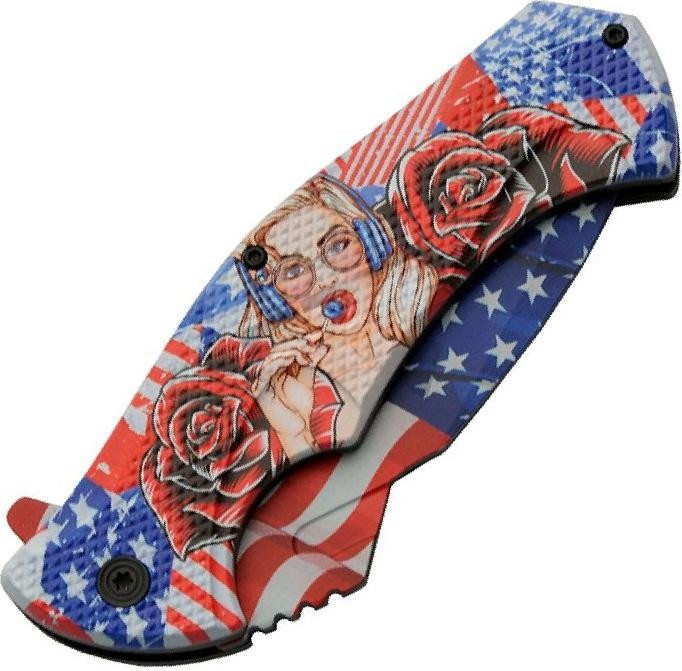 Spring-Assist Pocket Folding Knife | 4in USA Flag Blade American Girl Rose