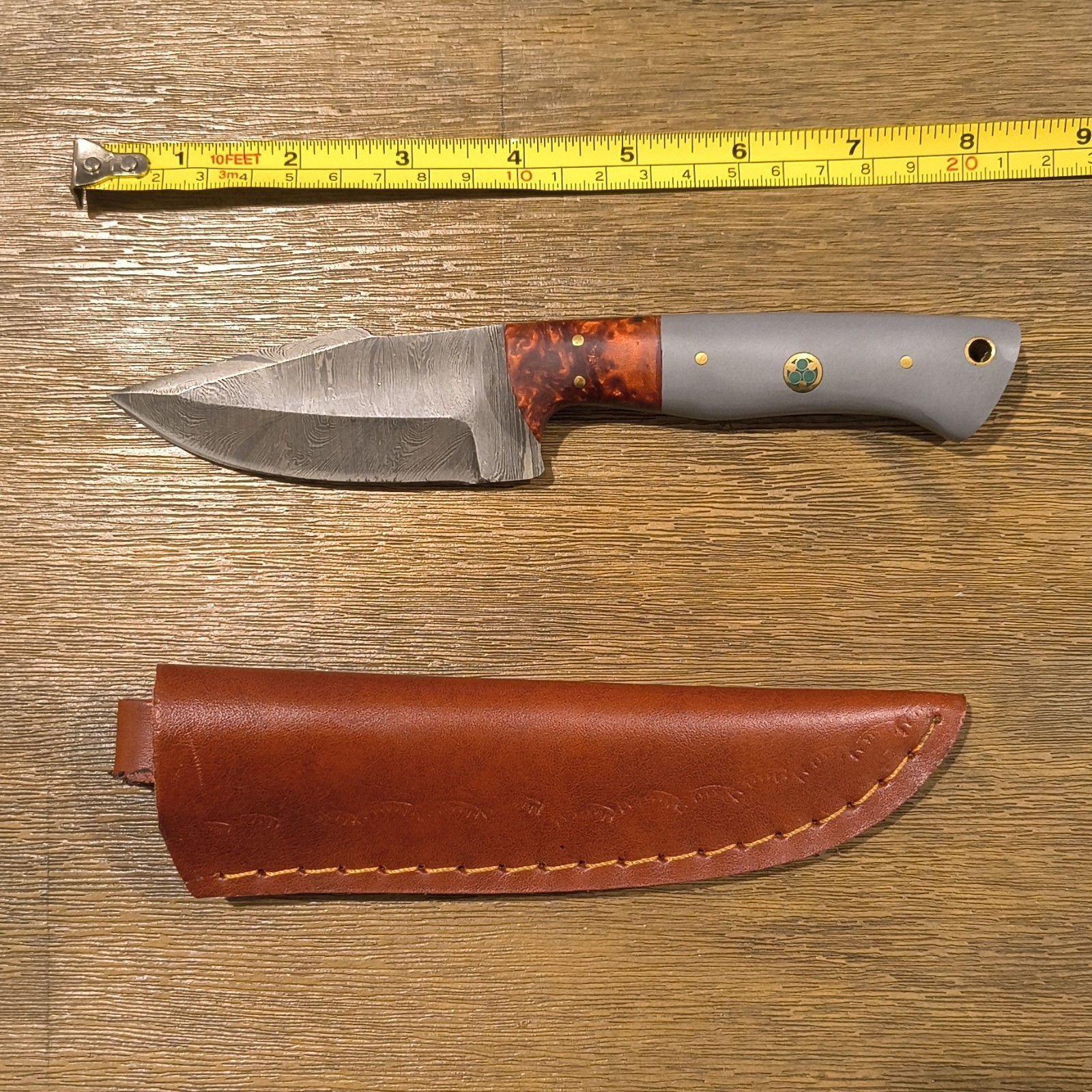 Damascus Steel Fixed Blade Hunting Knife Leather Sheath
