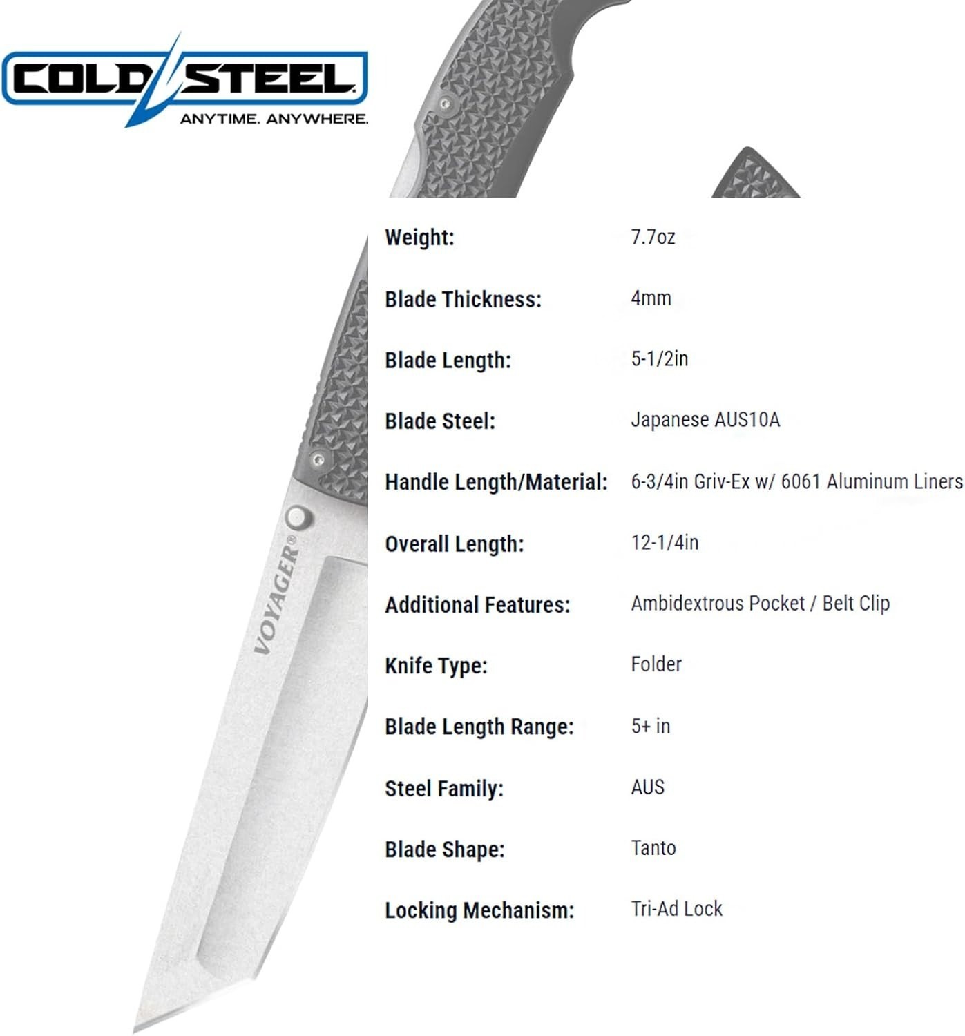 Cold Steel XL Voyager 5.5″ AUS10A Tanto Plain Edge Knife Griv-Ex Handle Tri-Ad