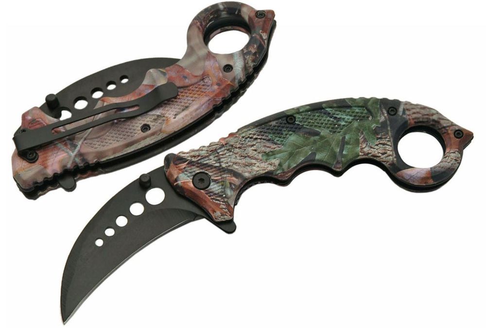 Spring-Assist Karambit Folding Knife | Low-Cost 3″ Black Blade Camo Hunter EDC