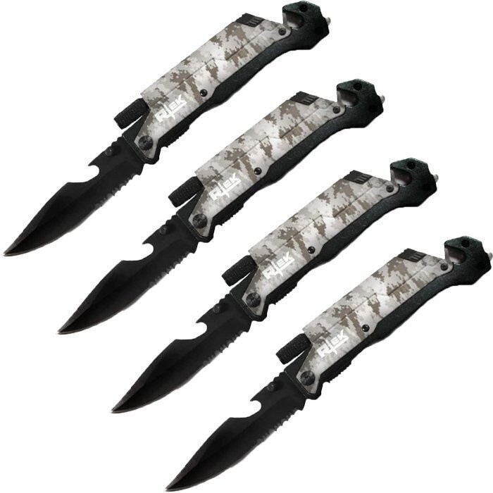 Lot of 4 9″ Inch Spring Assisted Survival 7 in 1 Rescue Pocket Knife – Camo