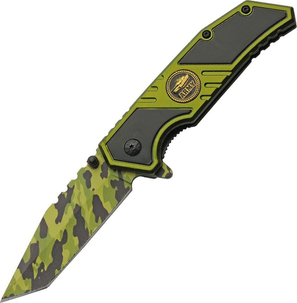 Spring-Assist Pocket Folding Knife | 3.5in Green Camo Tanto Blade Army Tank