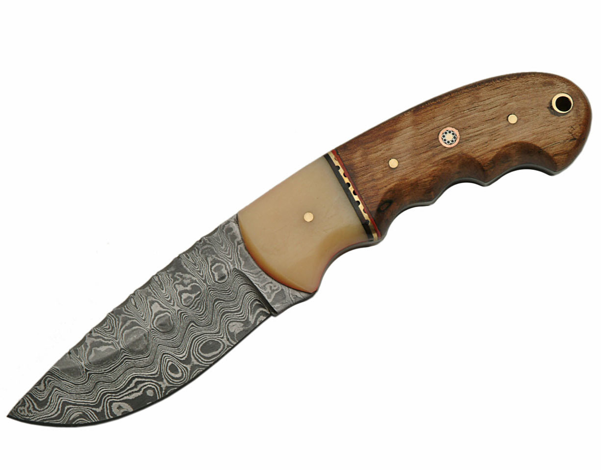 FIXED-BLADE HUNTING KNIFE | 8″ Damascus Steel Blade Bone Walnut Handle Skinner
