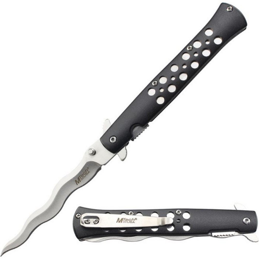 MTech Folding Knife 3Cr13MoV Steel Wavy Blade Black Aluminum Handle – MT-A2042WB