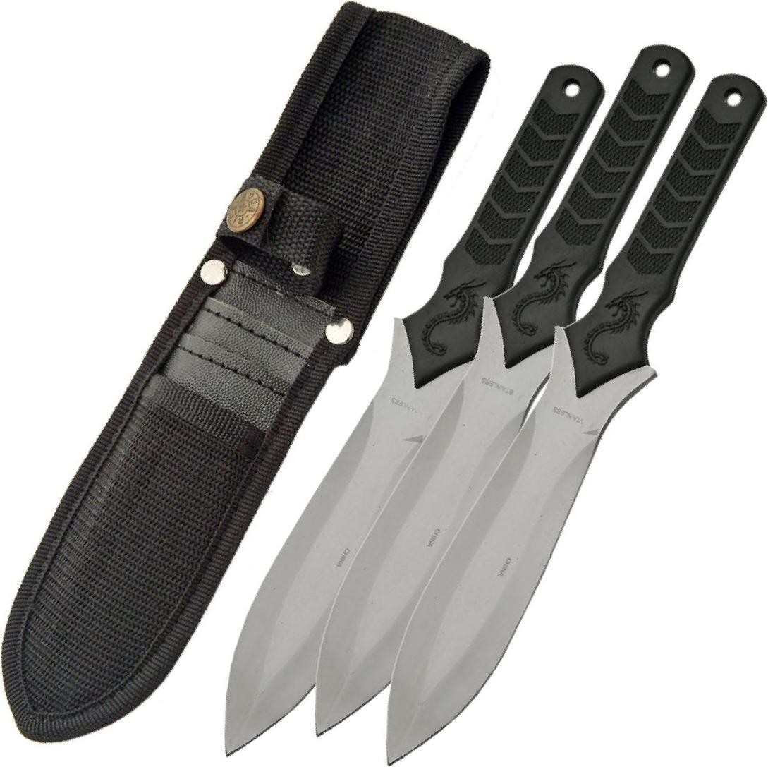 Throwing Knife 3-Pc Set 10in Overall Black Dragon Stainless Steel Blade + Sheath
