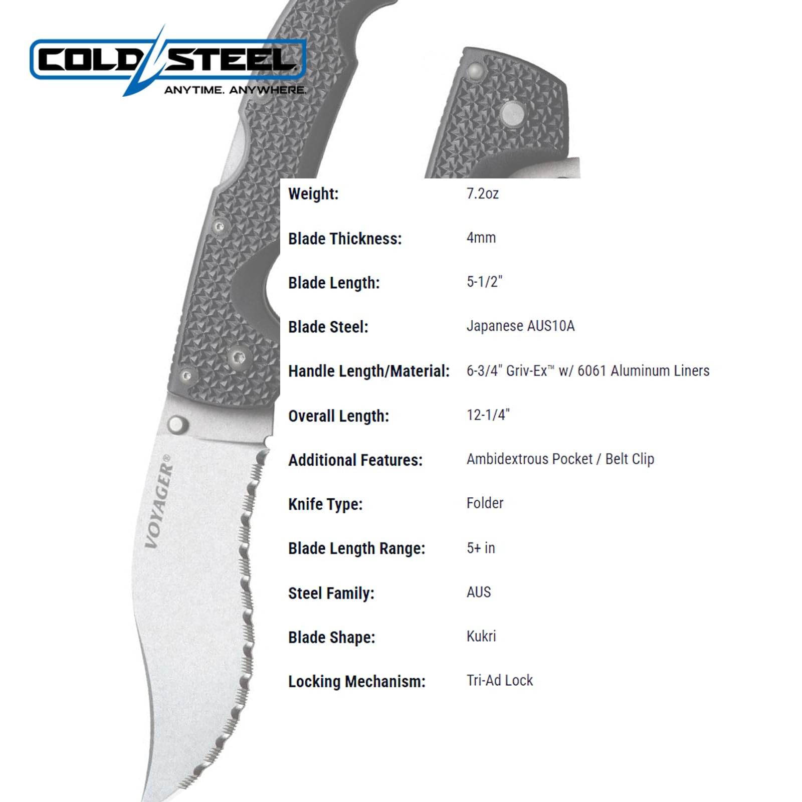 Cold Steel Voyager XL Vaquero Kukri Blade Folding Knife AUS10A Steel 12.25 Inch